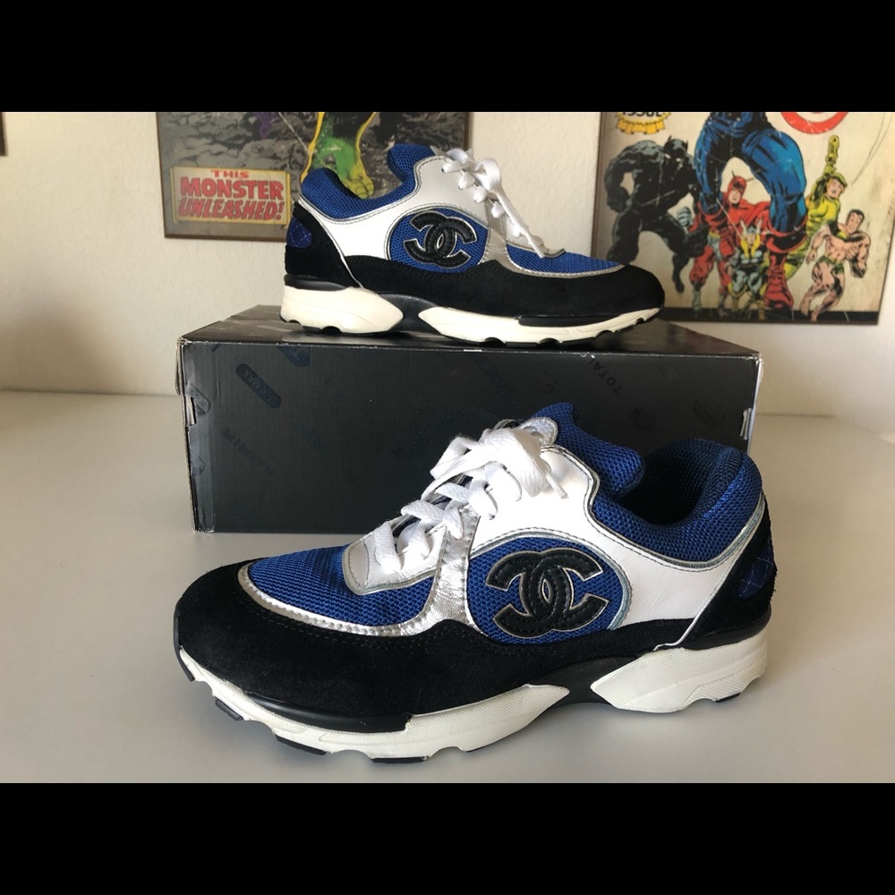 Chanel Blue Silver White Trainer Cruise Sneakers